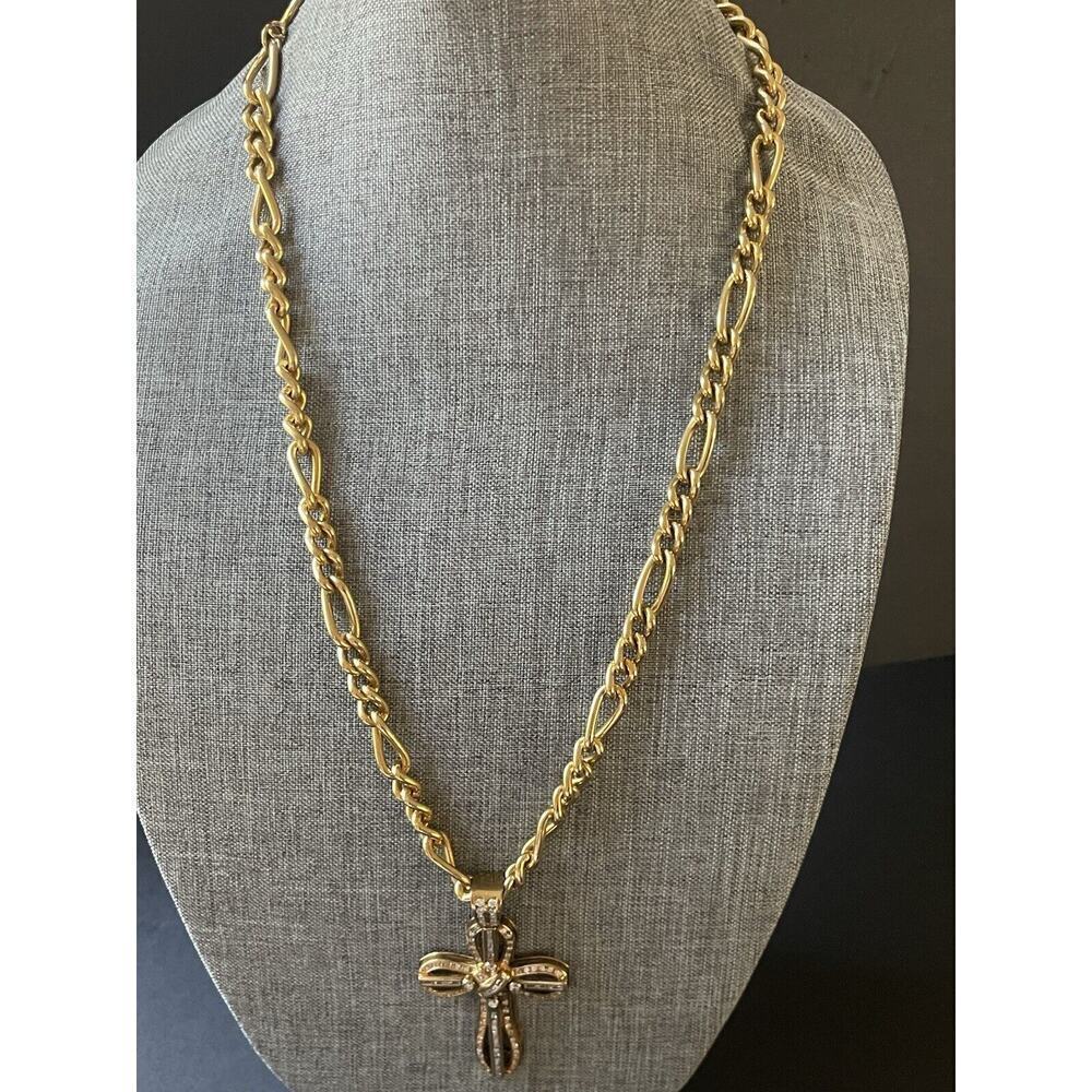 Silver Plated Gold Tone Rhinestone Cross Necklace Chunky Religious Link Chain